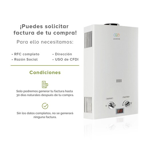 Calentador Boiler de Agua Instantáneo para Gas Natural 1 servicio Avera C6LNAT