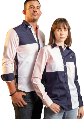 Camisa caballero blanca con zaul y rosa algodón de alta calidad Luqtari