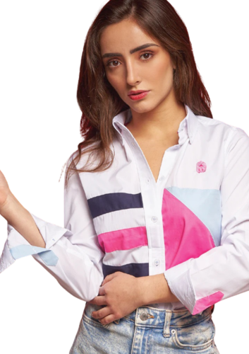 Camisa blusa para dama combinado blanca, rosa y azul Luqtari