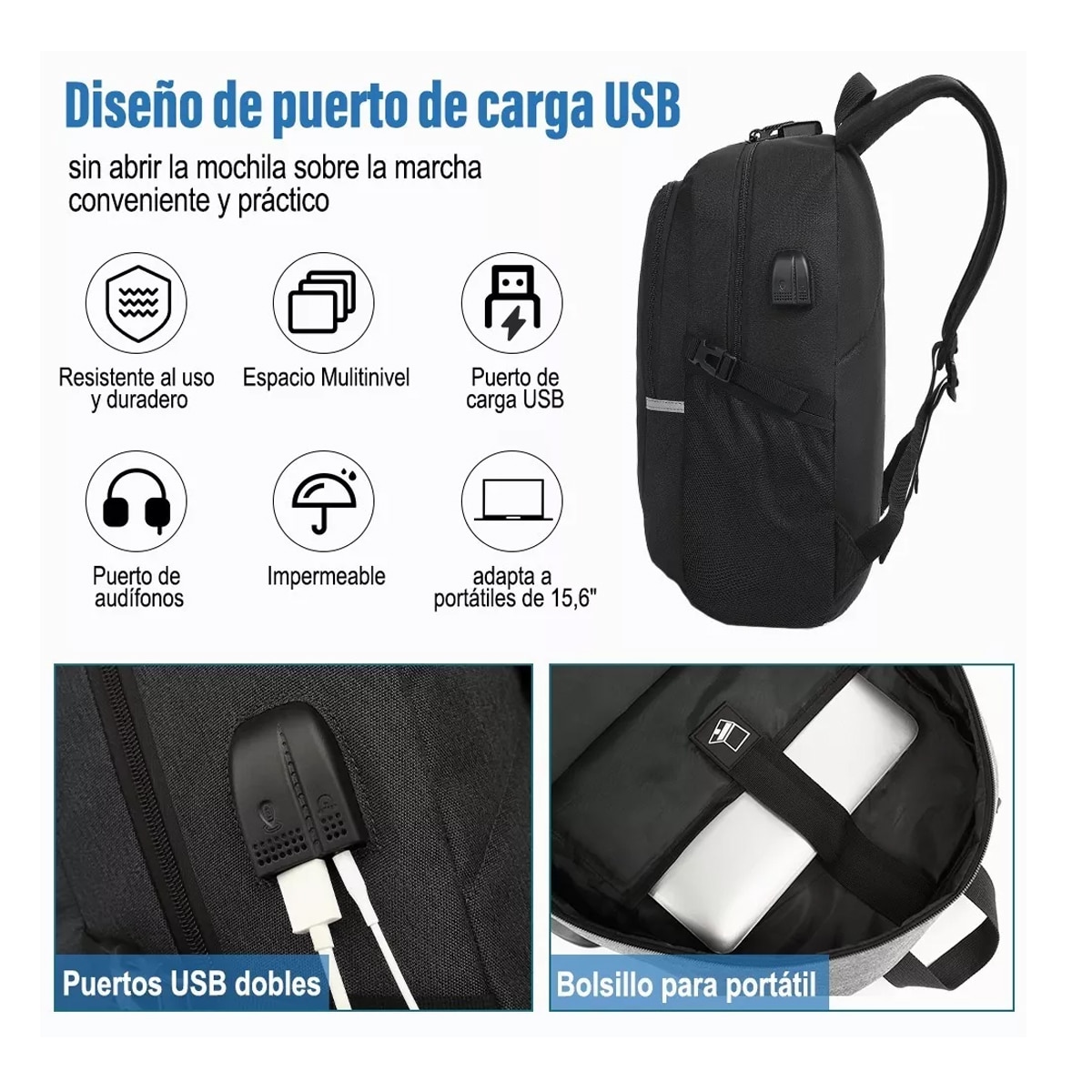 Mochila Antirrobo De 30l Con Cargador Usb Laptop 15.6 Impermeable