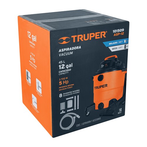Aspiradora de solidos y liquidos de 12 gal, plastica, Truper 101509