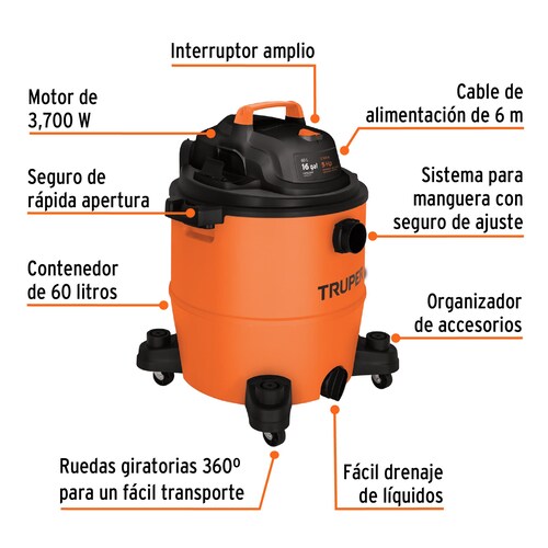Aspiradora de solidos y liquidos de 16 gal, plastica, Truper 101520