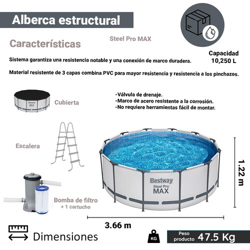 Alberca Estructural Redonda Bestway 122 Cm Con Bomba Gris.