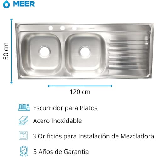 MEER Faucets by CNX | Tarja Doble para Cocina con Escurridero de Acero Inoxidable Satinado, Fregadero Doble para Empotrar, 120 x 50 x 15 cm