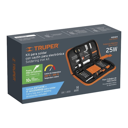 Kit para soldar con Cautín de 25w para electrónica incluye 17 accesorios con Estuche Truper  