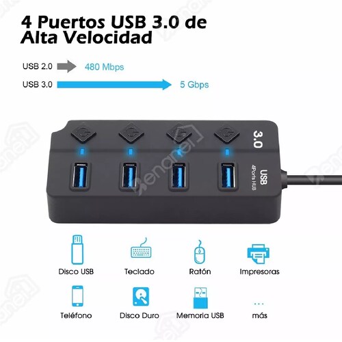 Splitter Con Interruptor Independiente 4 Puertos Usb 3.0 Hub 