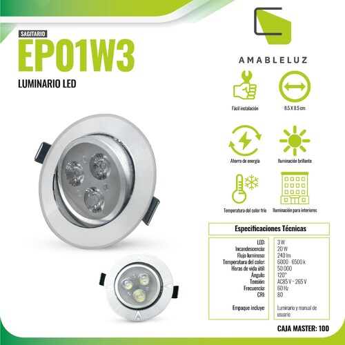 Lampara Foco Led Empotrable Plafón Ajustable Luz Blanca 3w