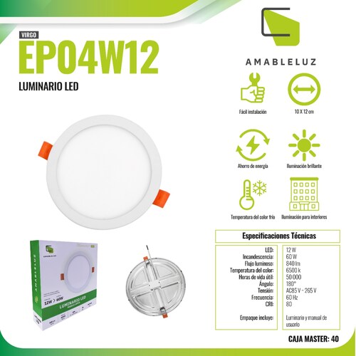 Lampara Foco Led Plafón Empotrable 12w Luz Blanca