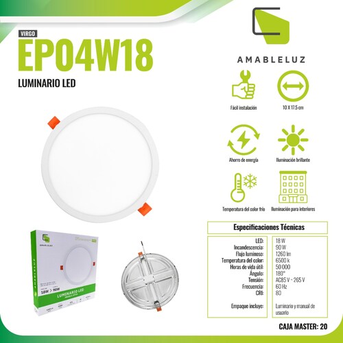 Lampara Foco Led Plafón Empotrable 18w Luz Blanca