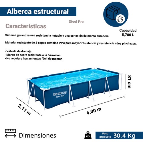 Alberca Rectangular Estructural Grande Bestway 400 Cm Azul.