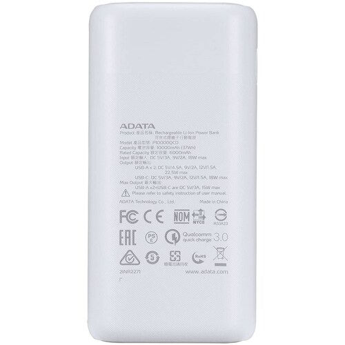 Bateria Adata P10000QCD 10000mAh Blanco USB Power Bank Cargador Portatil AP10000QCD-DGT-CWH.