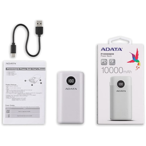 Bateria Adata P10000QCD 10000mAh Blanco USB Power Bank Cargador Portatil AP10000QCD-DGT-CWH.