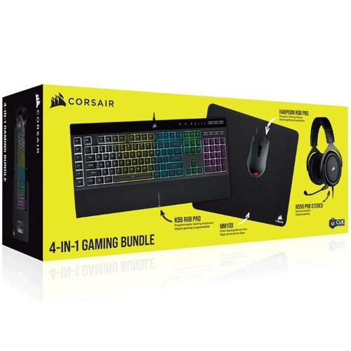 Kit Corsair Teclado K55 RGB PRO + Mouse Harpoon RGB PRO + Diadema HS50 PRO Stereo + MousePad MM100 Gaming Bundle 4 En 1 CH-9226A65-SP
