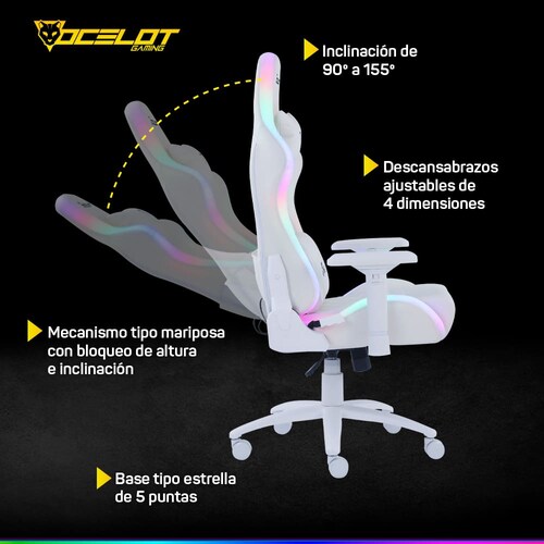 Silla Ocelot Gaming ORGB White Thundra, RGB, Reclinable con Reposabrazos 4D, Blanco