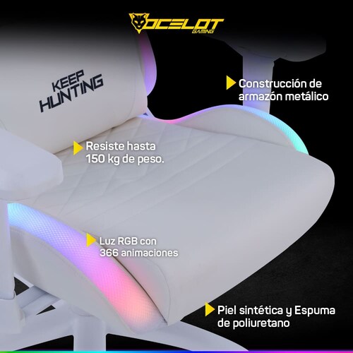 Silla Ocelot Gaming ORGB White Thundra, RGB, Reclinable con Reposabrazos 4D, Blanco