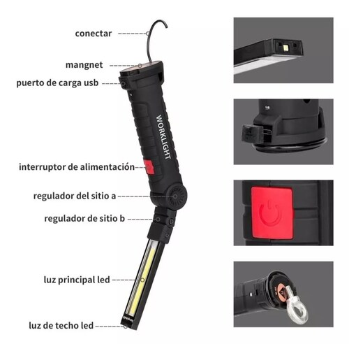 Luz De Trabajo Led Linterna Recargable Giratoria Plegable