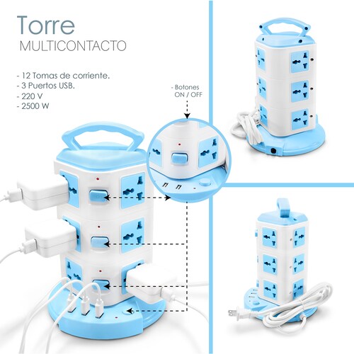 Multicontacto Torre 12 Contactos 3 Entradas Usb Universal