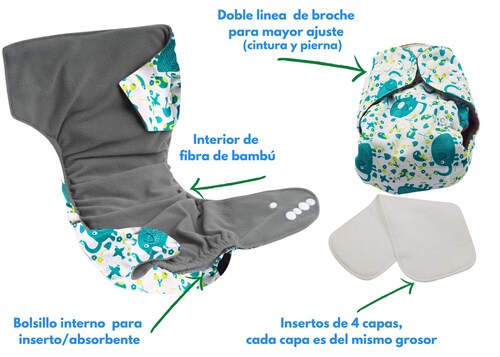 5 Pañales Ecológicos estampados Interior Bambú + 5  Insertos microfibra de 4 capas NIÑO
