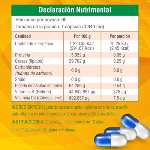 Hígado de Bacalao en cápsulas Omega 3 calidad premium Vitamina D y A 60Caps