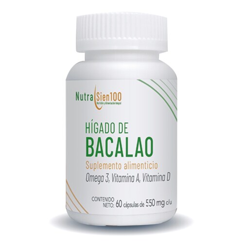 Nutrasien100 Aceite de Hígado de Bacalao en cápsulas con Vitamina A y D3 Suplemento 60 caps / 60 días