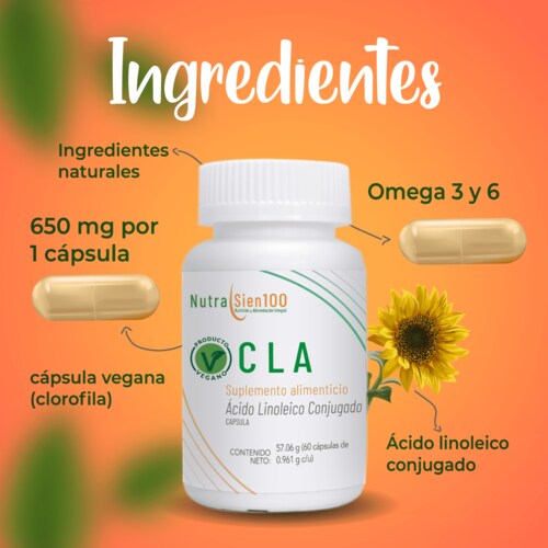 Nutrasien100 CLA cápsulas 600mg de Ácido Linoleico Conjugado Termogénico Keto Pre-entreno Vegano 60Caps