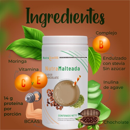 Polvo para preparar Malteada de proteína sabor Chocolate. Sin grasa Sin azúcar 15 g proteína por porción. Fácil y rápida preparación. 500g 17 porciones.