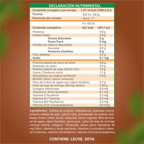 Polvo para preparar Malteada de proteína sabor Chocolate. Sin grasa Sin azúcar 15 g proteína por porción. Fácil y rápida preparación. 500g 17 porciones.