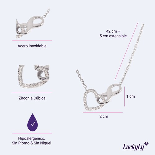 LuckyLy Collar para Mujer con Dije de Corazón e Infinito con Zirconia Cúbica , Cadena de Acero Inoxidable Mujer Color Plata - Modelo Nia