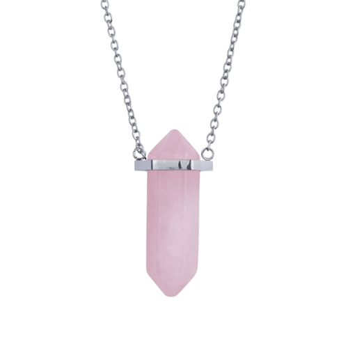 LuckyLy Collar para Mujer de Cuarzo Rosa , Cadena de Acero Inoxidable con Dije de Piedra Natural - Modelo Orly