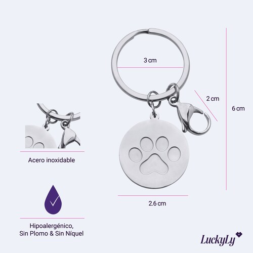 LuckyLy Llavero para Mujer de Huella de Perro , Acero Inoxidable Color Plata - Modelo Elva