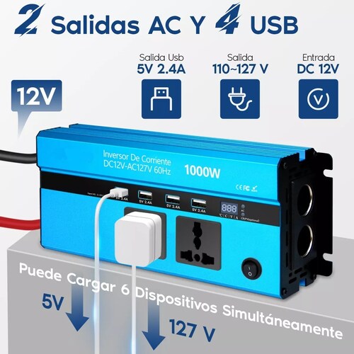 Inversor De Corriente Dual 1000w Con 4 Usb 12 Vcc A 110 Vca