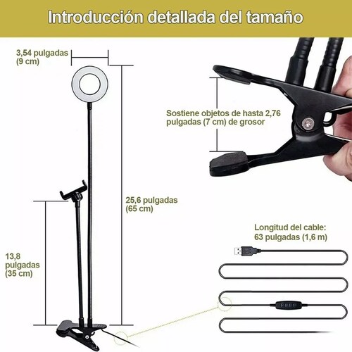 Aro De Luz Led Con Soporte De Pinza Para Celular Flexible