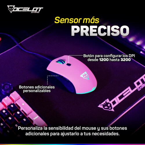 Mouse Ocelot Gaming OGMM03, Alámbrico, 6200 DPI, 6 Botones, USB, RGB, Negro.