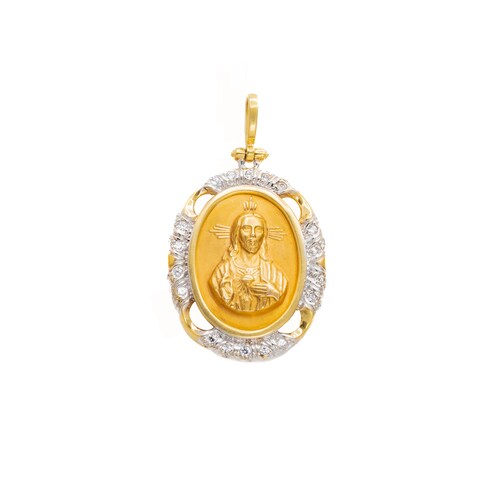 Medalla Sagrado Corazón de Jesús 2 Oros con Circonias en Oro 14 Kilates..