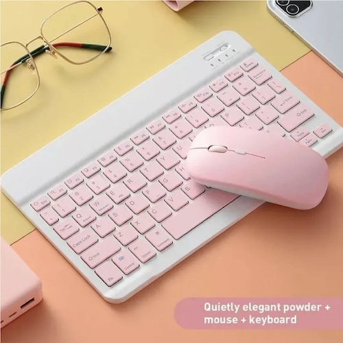Kit De Teclado Ratón Bluetooth + Soporte Para Tableta Rosa
