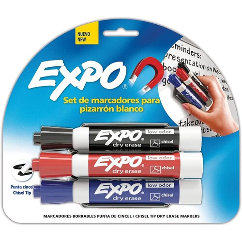 Marcadores para pizarrón Expo 3 Colores Intensos y Brillantes y un Borrador Magnético