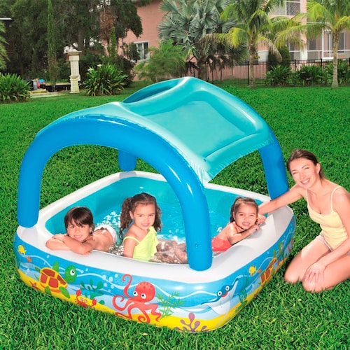 Alberca Inflable Techo Desmontable Cuadrada Diseño Marino Para Niños 140 x 140 cm