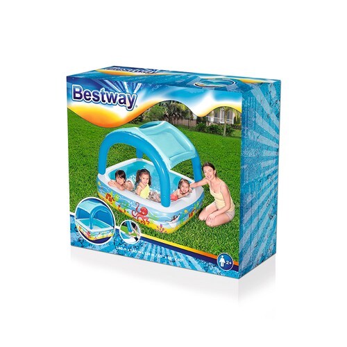 Alberca Inflable Techo Desmontable Cuadrada Diseño Marino Para Niños 140 x 140 cm