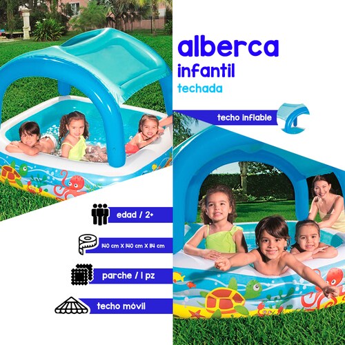 Alberca Inflable Techo Desmontable Cuadrada Diseño Marino Para Niños 140 x 140 cm