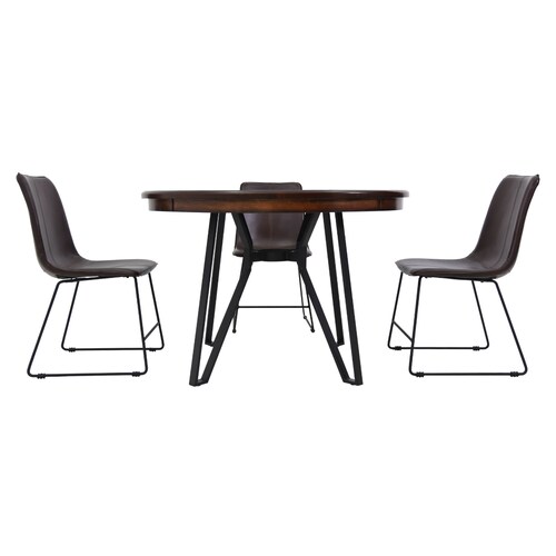 Antecomedor Bajo Modelo Sansa de Metal Cubierta de Madera para 4 personas Redondo Mesa y Sillas de Vinipiel color Café