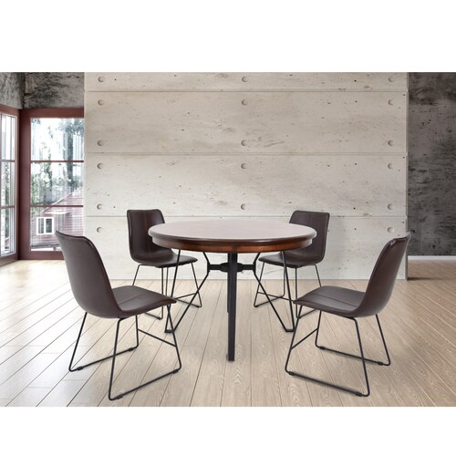 Antecomedor Bajo Modelo Sansa de Metal Cubierta de Madera para 4 personas Redondo Mesa y Sillas de Vinipiel color Café