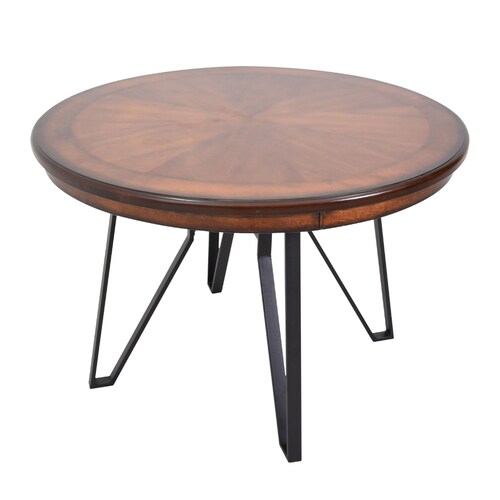 Antecomedor Bajo Modelo Sansa de Metal Cubierta de Madera para 4 personas Redondo Mesa y Sillas de Vinipiel color Café
