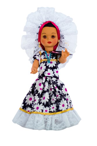 Eulalia Colecciones- Muñeca Mexicana Modelo Tehuana. Pieza de Colección de 34 cm. Hecha a Mano. Traje negro floreado, con charola y accesorios de colores.