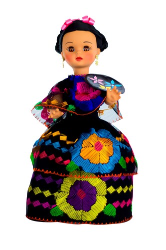 Eulalia Colecciones- Muñeca Mexicana Modelo Chiapas. Pieza de Colección de 34 cm. Hecho a Mano. Traje negro de flores de colores bordadas en hilo de seda, con charola y accesorios varios colores. 