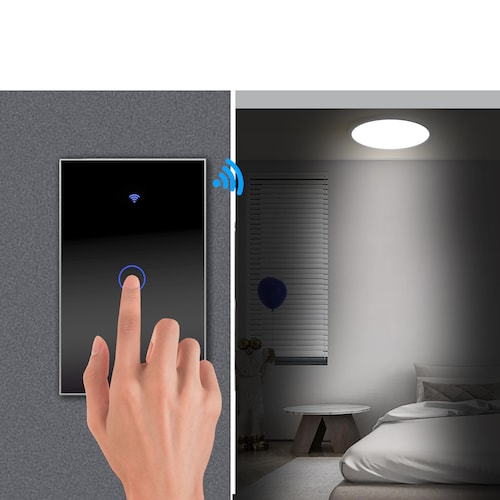 Interruptor de luz de pared inteligente WIFI  1 via, apagador inteligente Smart Switch, control remoto de luz vía celular, panel táctil de vidrio o voz al ser compatible con Alexa, Google home y Smart Life (2.4 Wifi).