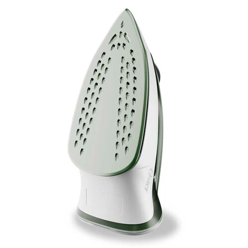 Plancha de vapor Oster blanca- verde con suela de antiaderente GCSTBS3803VER