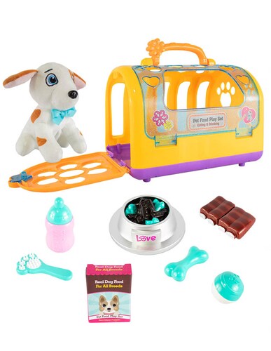 Set mascota con perrito de peluche con varios movimientos y accesorios de alimentos