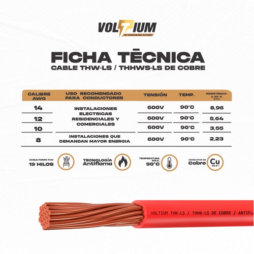Cable Calibre 12 De Cobre Rojo Thw-ls / Thhw-ls 100 M Voltium