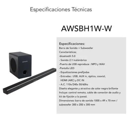 Barra de Sonido con Woofer | Wireless | AWSBH1W-W
