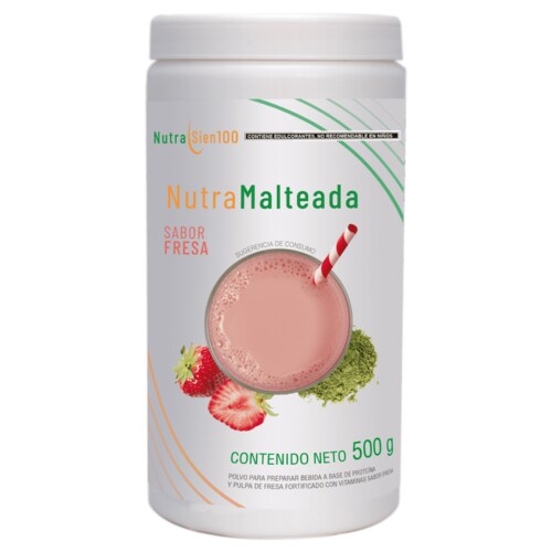 Polvo para preparar Malteada de proteína sabor Fresa. Sin grasa Sin azúcar 15 g proteína por porción. Fácil y rápida preparación. 500g 17 porciones.
